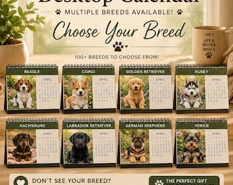Gepersonaliseerde bureaukalender met puppy's: kies je hondenras en beginmaand. Leuke bureaukalender, ideaal als cadeau voor hondenliefhebbers, verjaardagscadeau of grappig cadeau om te laat te geven.