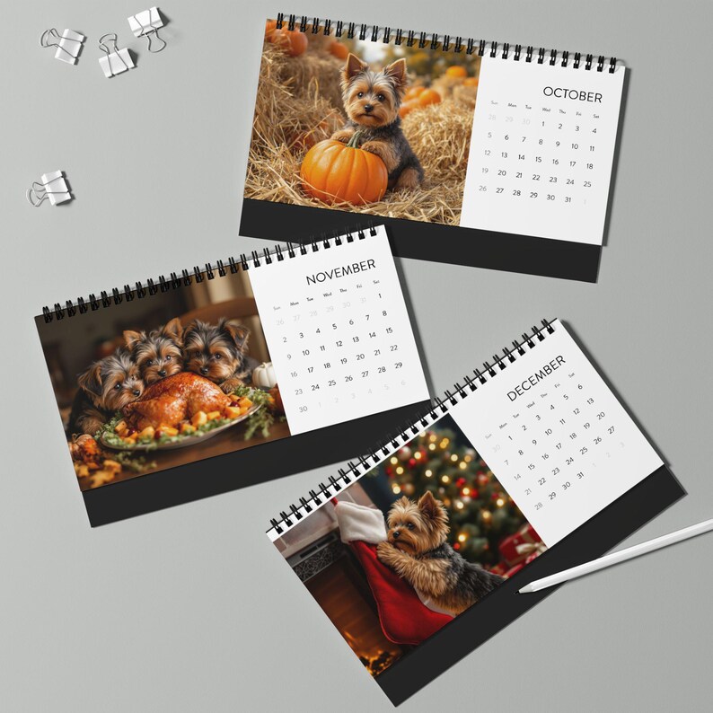 Desktop Calendar 2025 Grid With Yorkshire Puppies, Cute Puppy Planner