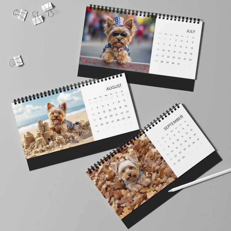 Desktop Calendar 2025 Grid With Yorkshire Puppies, Cute Puppy Planner