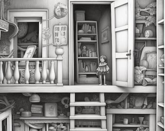 Życie w domku dla lalek cyfrowe kolorowanki | kolorowanki dla dorosłych | domek dla lalek | do druku | cyfrowe | kompatybilne z tabletami