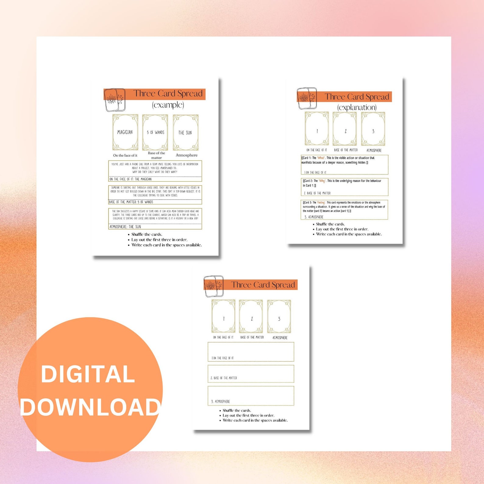 Tarot Three Card Spread With Examples, Descriptions and Worksheet for ...