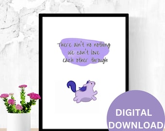 Podskakując z radości | Nie ma niczego, czego nie moglibyśmy pokochać poprzez sztukę ścienną | fioletowy i biały wydruk z jednorożcem do powieszenia na ścianie