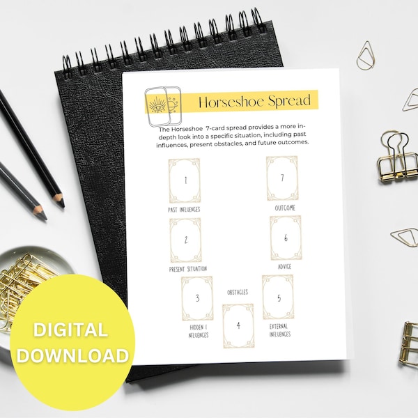 Horseshoe Tarot Spread Worksheet - Digital Download with Guide and Description Sheets | Printable Tarot Study Material | learn Tarot