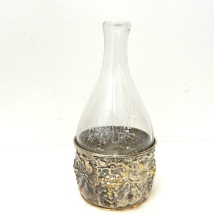 Wine decanter ... Vintage DE &#39;Uberti Italy glass wine bottle with pewter holder ... embossed grape - pear and leaf design