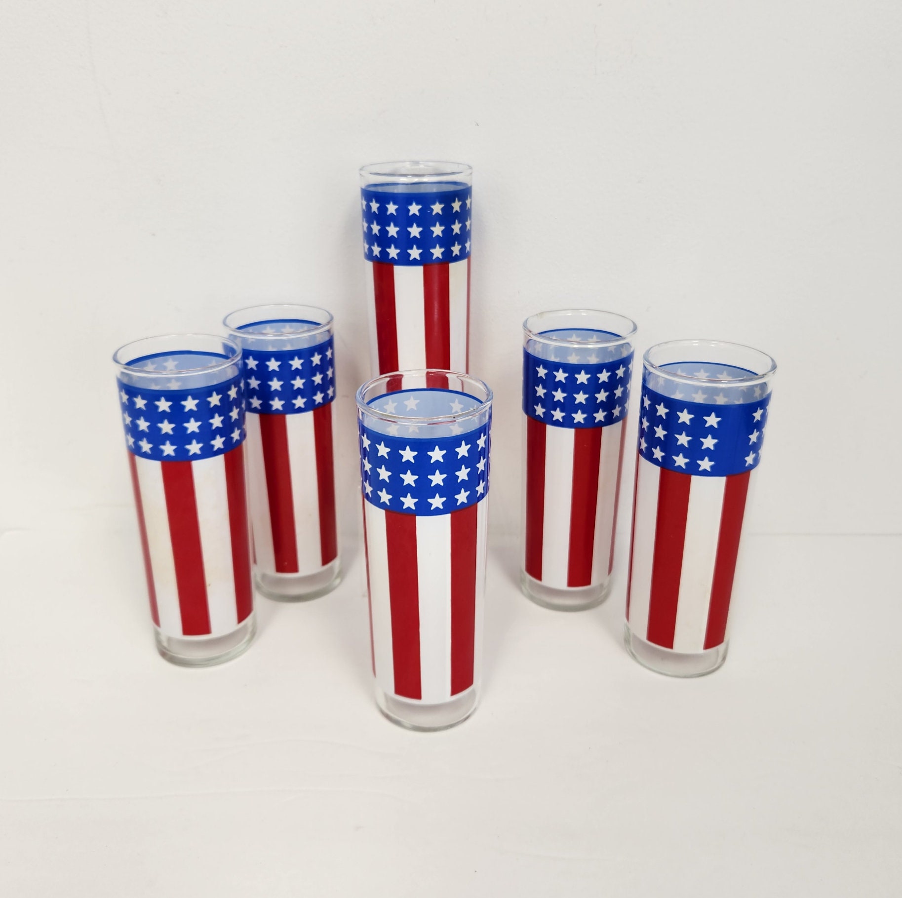 Vintage 1970's Set of 6 Tall Red White and Blue Patriotic Flag Drinking Glasses - Etsy