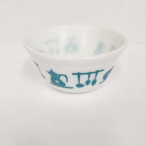 Vintage 1950&#39;s Hazel Atlas Scalloped Rim Mixing Bowl with Turquoise Kitchen Utensils - AS IS