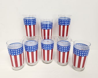 Vintage 1980&#39;s Set of 8 Indiana Glass Old Glory - 12 Ounce Drinking Glasses