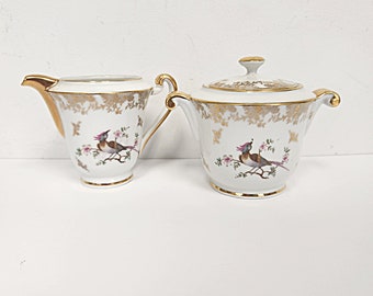 Vintage 1950's Chadelaud Decor Limoges Gold Trim with Birds Covered Sugar Bowl and Creamer Set