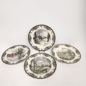 Vintage New Old Stock Johnson Brothers The Friendly Village Set of 4 Different Scene Dinner Plates