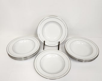 Vintage 1980's Noritake White Scapes Stoneleigh 4062 Set of 10 Rimmed Soup Bowls