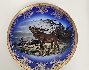 Vintage Turn of the Century Blue and Gold Elk Hunting Plate