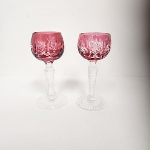 Vintage 1970&#39;s Set of 2 Bohemian Cranberry Cut to Clear Aperitif Glasses