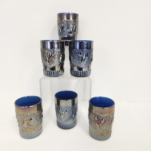 Vintage 1960&#39;s Set of 6 Della Robbia Pattern by Westmoreland Blue Carnival Glass Fruit Pattern Drinking Glasses