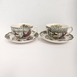 Vintage Johnson Brothers Friendly Village Set of 2 Coffee or Teacups and Saucers