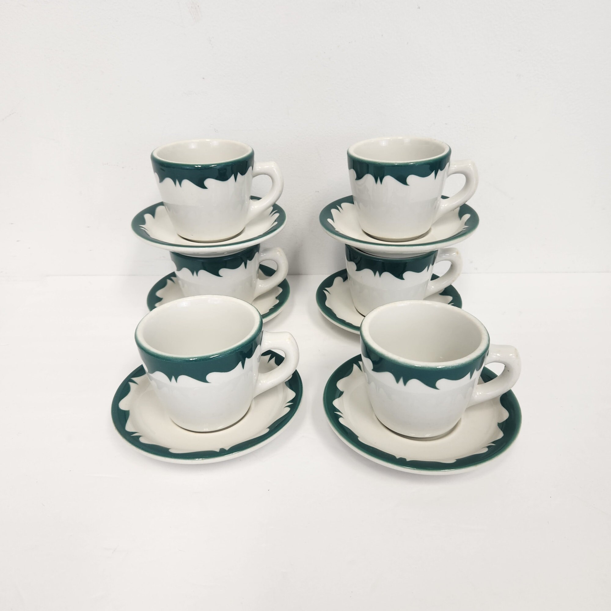 Vintage 1950's - 60's Set of 6 White and Green Restaurant Cups and Saucers