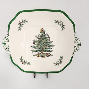 Vintage 1970&#39;s Spode Christmas Tree 11 Inch Square Handled Sandwich Tray - Plate