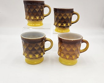 Vintage 1960's Set of 4 Anchor Hocking Fire King Kimberly Diamond Brown/Yellow Coffee Cups - Mugs - 2 Sets Available