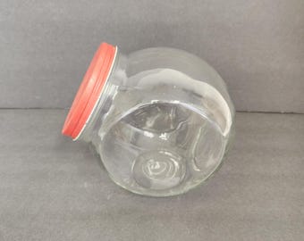 Vintage Glass Storage Jar with Red Metal Lid - Pantry Jar - Farmhouse Kitchen