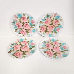 Vintage 1960&#39;s Set of 4 Park Avenue Melmac Dinner Plates with Pink Roses