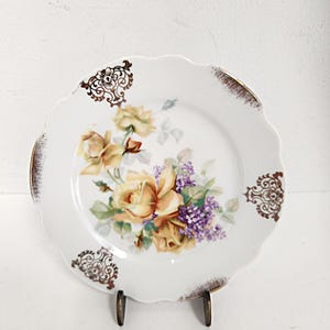 Vintage Turn of the Century Set of 6 Yellow Roses with Gold Trim Small Dessert Plates