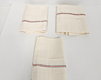Vintage 1950&#39;s - 60&#39;s Set of 3 NOS Linen ? Off White with Orange / Blue Stripes - Silver Dust - Kitchen / Dish Towels