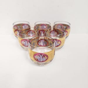 Vintage Mid Century Set of 6 Cera Rounded Gold and Fruit Patten Rocks - Bourbon Glasses