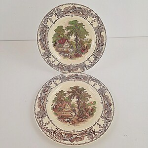 Puede incluir: Dos platos de cerámica vintage. Cada plato presenta un fondo color crema y una escena pastoral detallada en marrón y verde, rodeada por un borde decorativo. Los platos son redondos y parecen estar en buen estado.