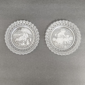 Vintage 1800&#39;s Pair of Glass Nursery Rhyme Plates - Little Boy Blue and Mary had a Little Lamb