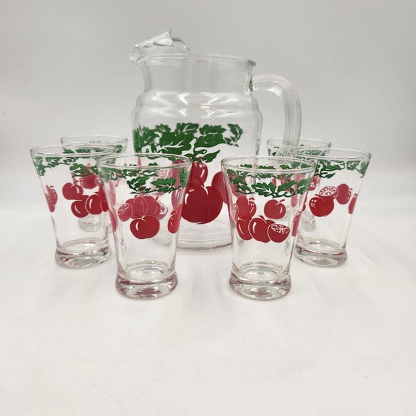 Vintage 1960's Glass Pitcher and 6 Glasses - Tomato Juice Set