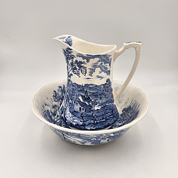 Vintage 1970's Alfred Meakin Staffordshire England Reverie Blue and White Pitcher and Bowl Set