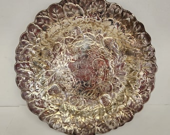 Vintage 1980's Reed and Barton 13 1/2 Inch Round Silver Plate Platter with Embossed Fruit and Leaves