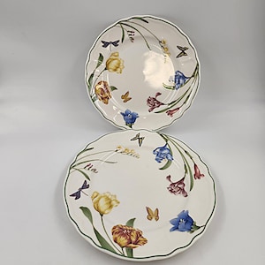 Puede incluir: Dos platos de cena de cerámica blanca con un diseño floral. Los platos presentan flores amarillas, rojas, azules y verdes, mariposas y libélulas.