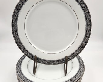 Assiettes plates Noritake Segovia 2216 vintage des années 1980 aux années 1990 garnies de noir, de gris et de platine