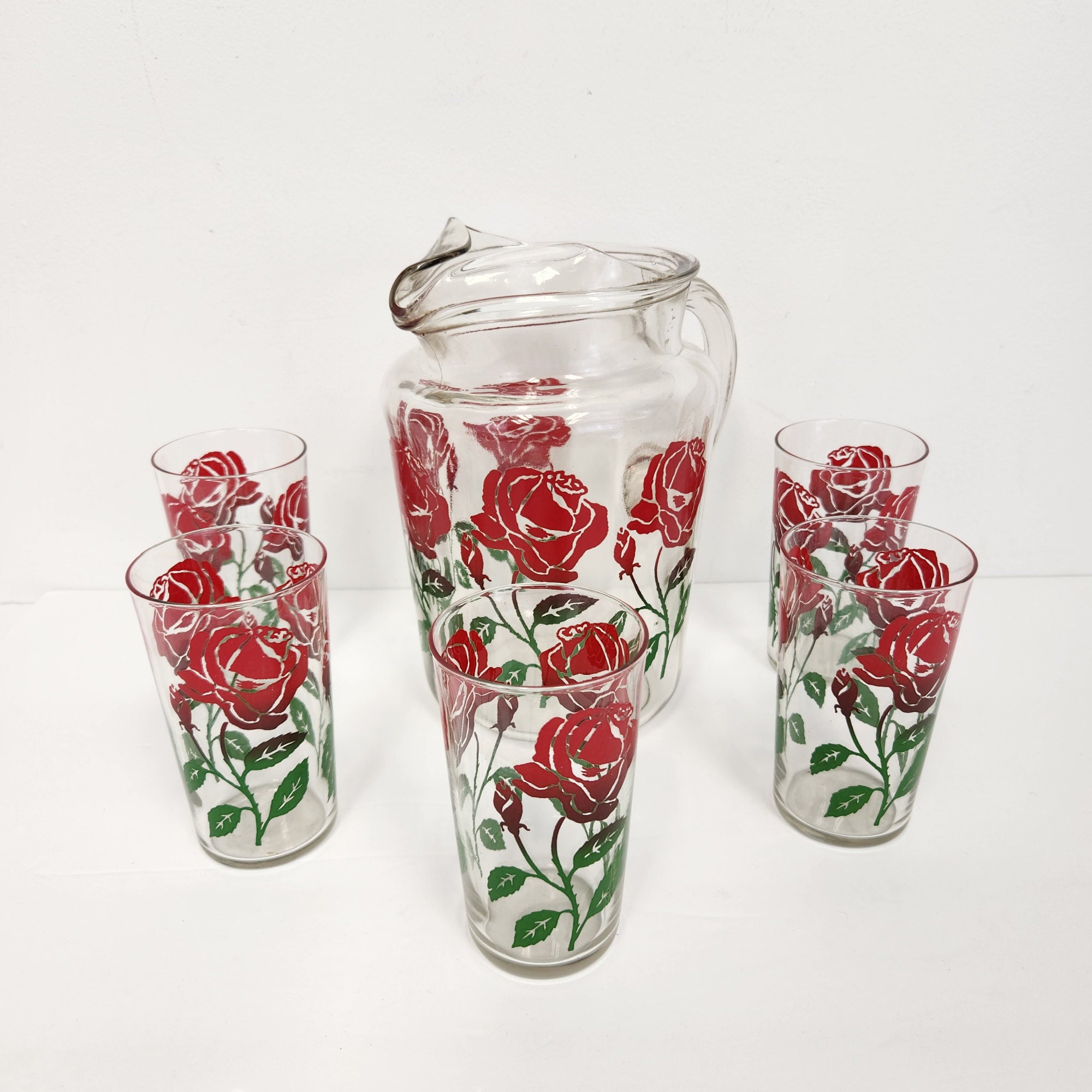 Vintage 1950's - 60's Water Pitcher and 5 Drinking Glasses - Red Rose Pattern