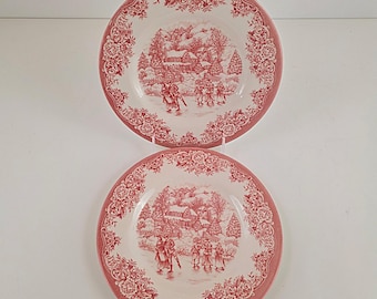 Vintage Set of 2 Royal Stafford Red Christmas Village Red Salad - Dessert Plates