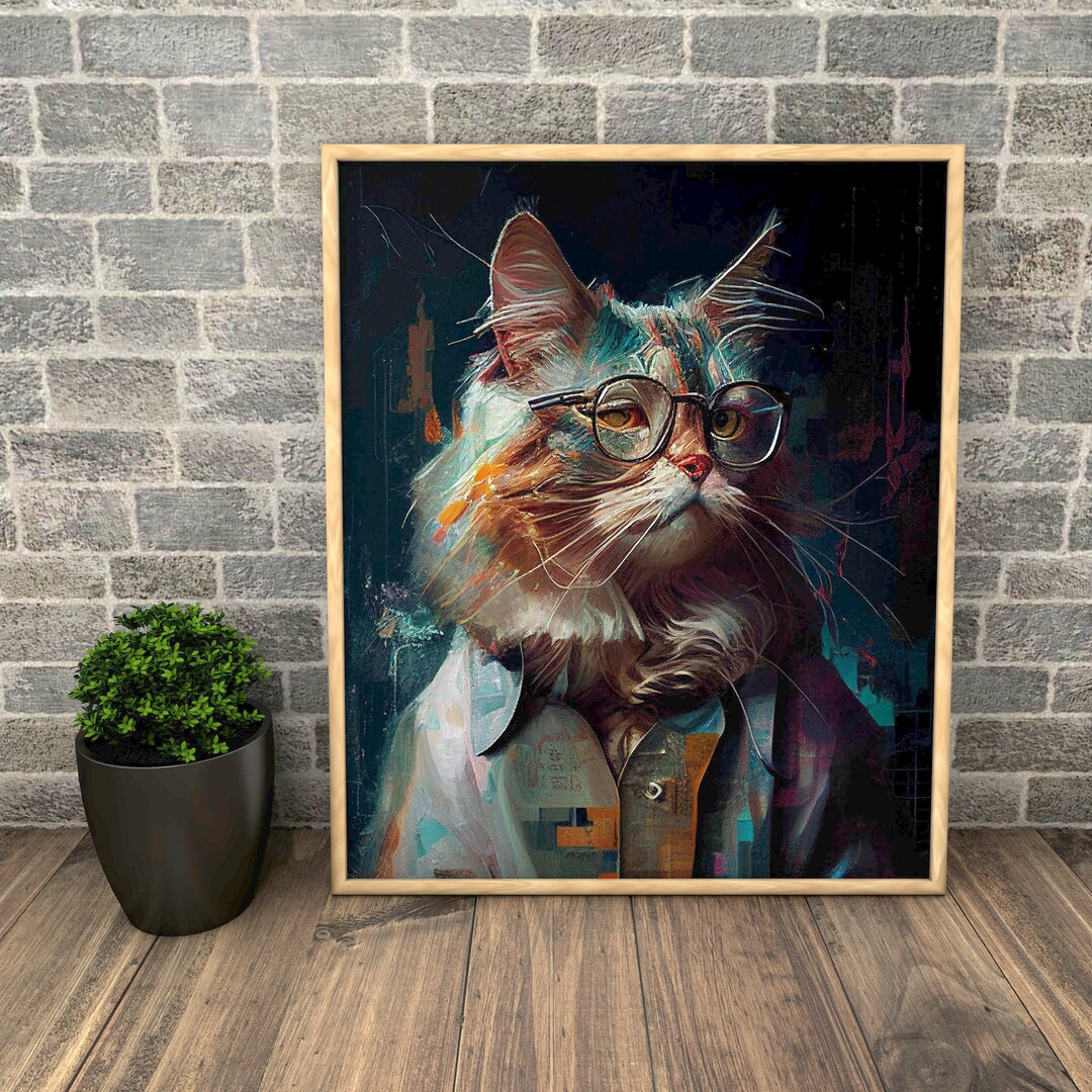 Cat Printable Wall Art Cat With Glasses Wall Art Cat Wall Etsy