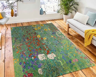 Gustav Klimt's Farm Garden with Sunflowers Rug, Art Nouveau Rug,  Personalized Rug, Home Decor, Area Rug, Bedroom Rug, Machine Washable Rug