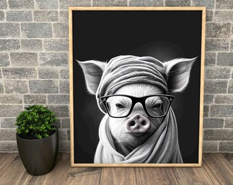 Funny Pig with Glasses Print, Bathroom Decor, Animal Wall Art (Digital Download)