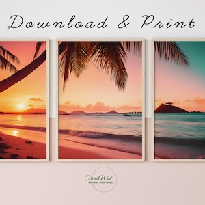 Set of 3 Sunset Beach Wall Art | 3 Piece Beach Digital Photography | Modern Triptych  Art Print | Nature Printing | Sunset Wall Art Print