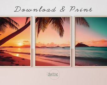 Set of 3 Sunset Beach Wall Art | 3 Piece Beach Digital Photography | Modern Triptych  Art Print | Nature Printing | Sunset Wall Art Print