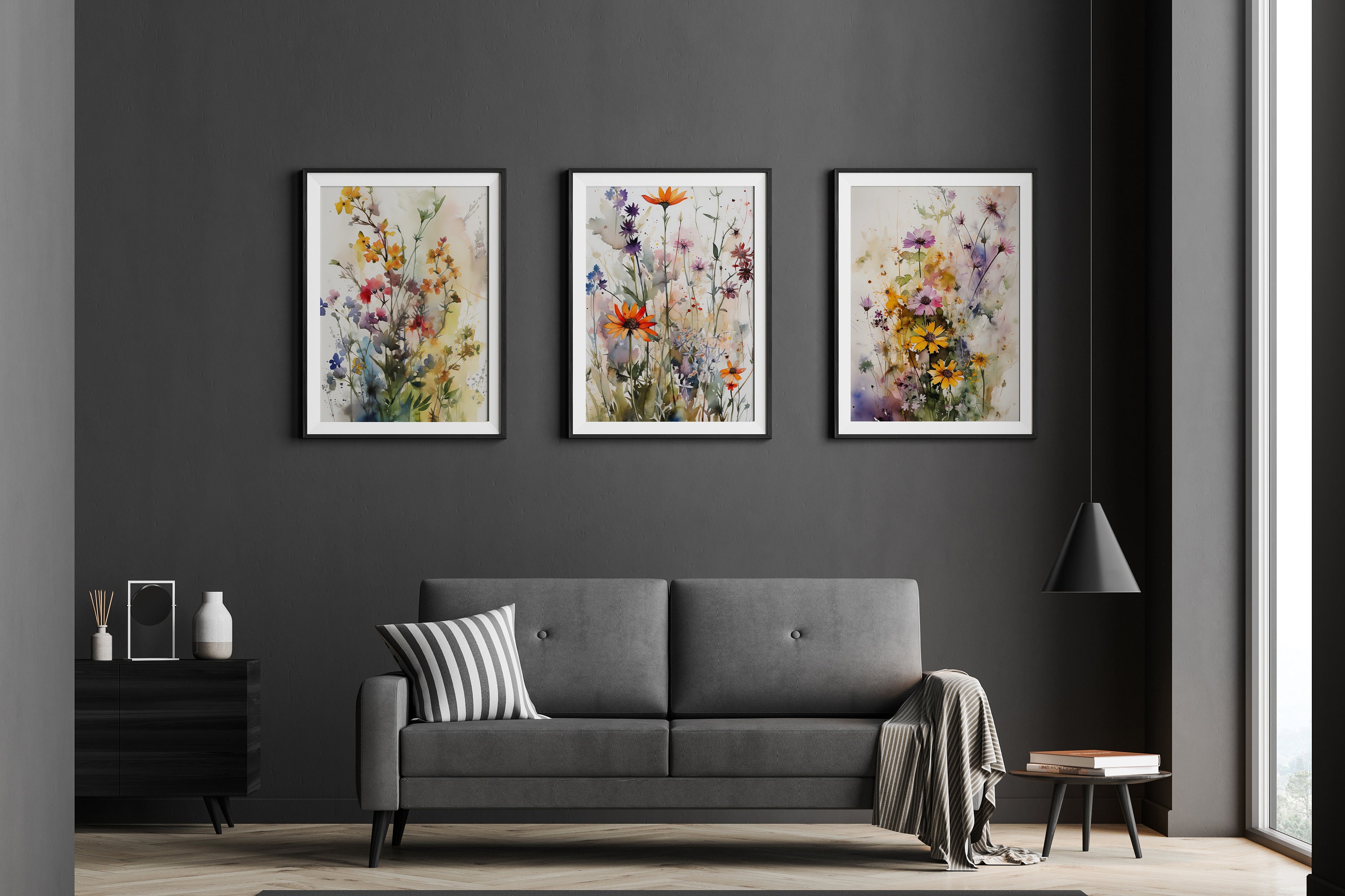Set of 3 Wild Flowers Watercolor Art 3 Piece Flowers Digital Painting ...
