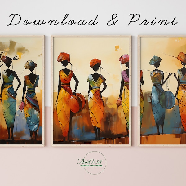 Ensemble de 3 peintures de paysages africains| 3 Peinture africaine numérique | Impression d’art triptyque | Impression naturelle | Ensemble d’impression d’art mural | Toile imprimable