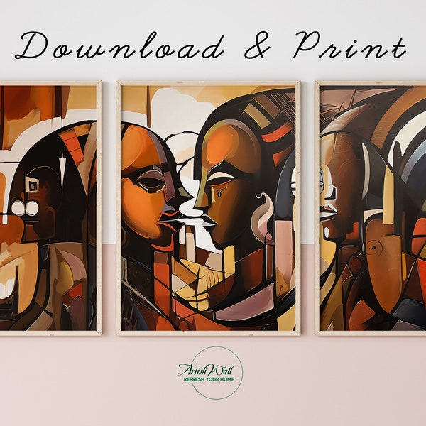 Ensemble de 3 peintures africaines abstraites| 3 Peinture africaine numérique | Impression d’art triptyque | Impression naturelle | Ensemble d’impression d’art mural | Imprimable