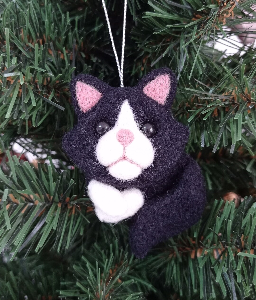 Needle Felted Black Cat Christmas Tree Ornament, Christmas Ornaments