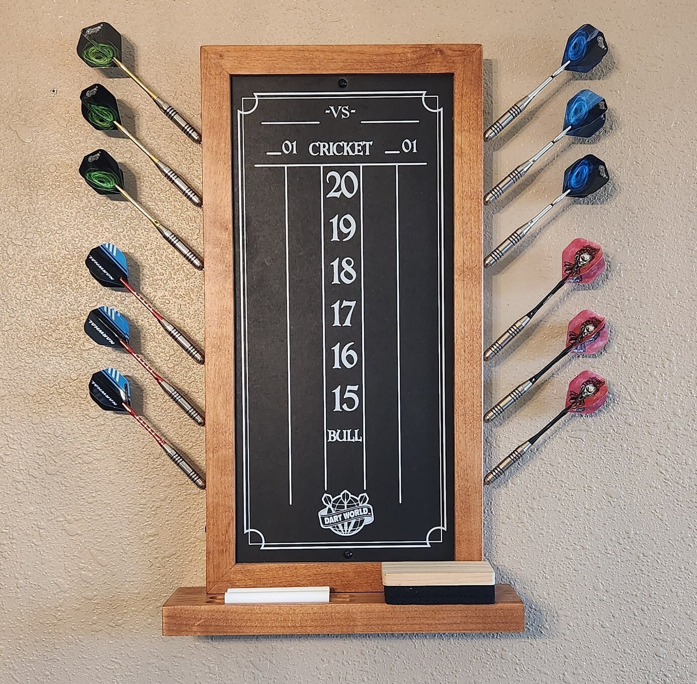 Dart Chalkboard Scoreboard for Cricket. Holds 12 Darts. Chalk & Eraser Included. Solid Wood