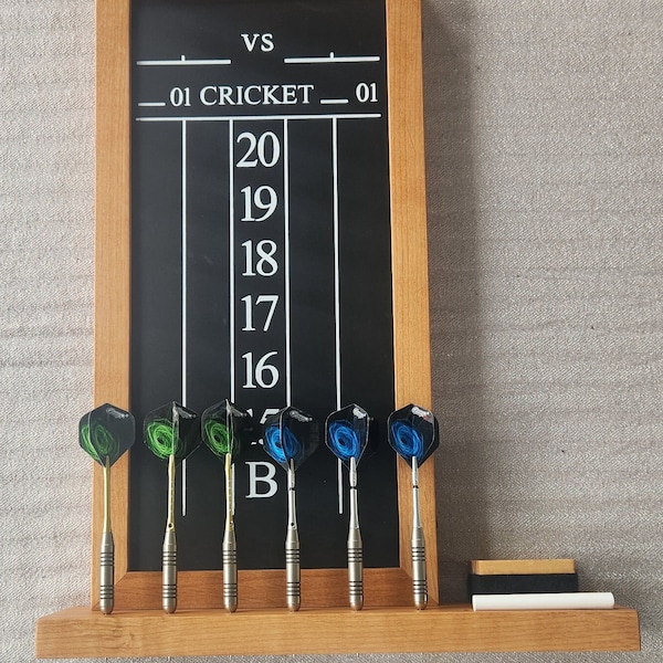 Dart Chalkboard Scoreboard for Cricket. Holds 6 darts. Chalk & eraser included. Solid wood. Light or dark finish. Black chalkboard.