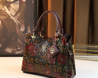 Vintage Flower Pattern Handbag, Luxury PU Leather Tote Bag, Fashion Crossbody Bag For Women Fashion Handbag & Shoulder Bag