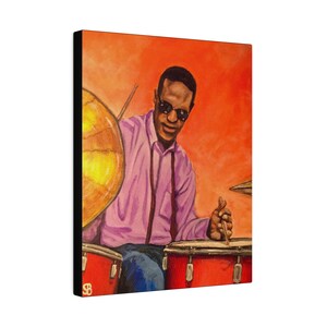 May include: A painting of a man playing drums. He is wearing a purple shirt, sunglasses, and blue jeans. The drums are red and the background is orange.