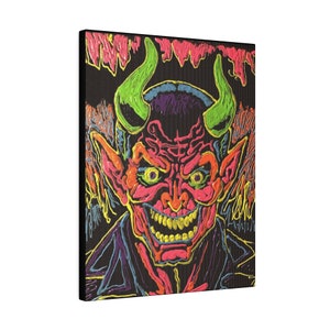 May include: A neon-colored painting of a devil with red skin, green horns, and a wide, toothy grin. The background is black with a neon-colored border.