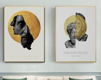 May include: Two framed art prints featuring classical busts with gold accents. One print has the text "THE OBSTACLE IS THE WAY". The other print has the text "LOOK WELL INTO THYSELF, THERE IS A SOURCE OF STRENGTH WHICH WILL ALWAYS SPRING UP."